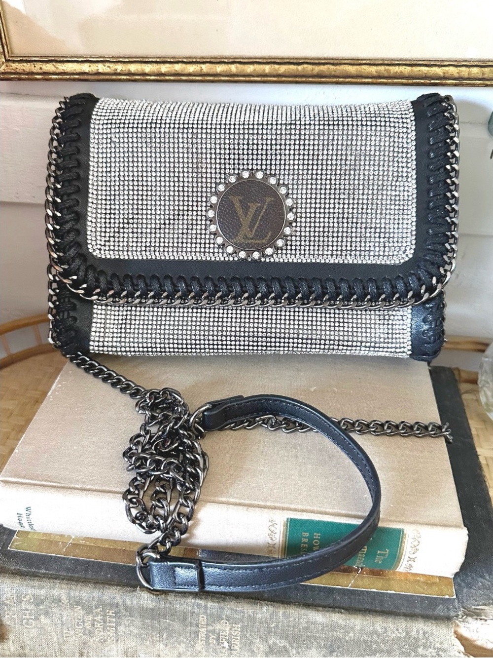 Gorgeous Sandra Ling Upcycled White/Clear Rhinestone Crossbody Bag